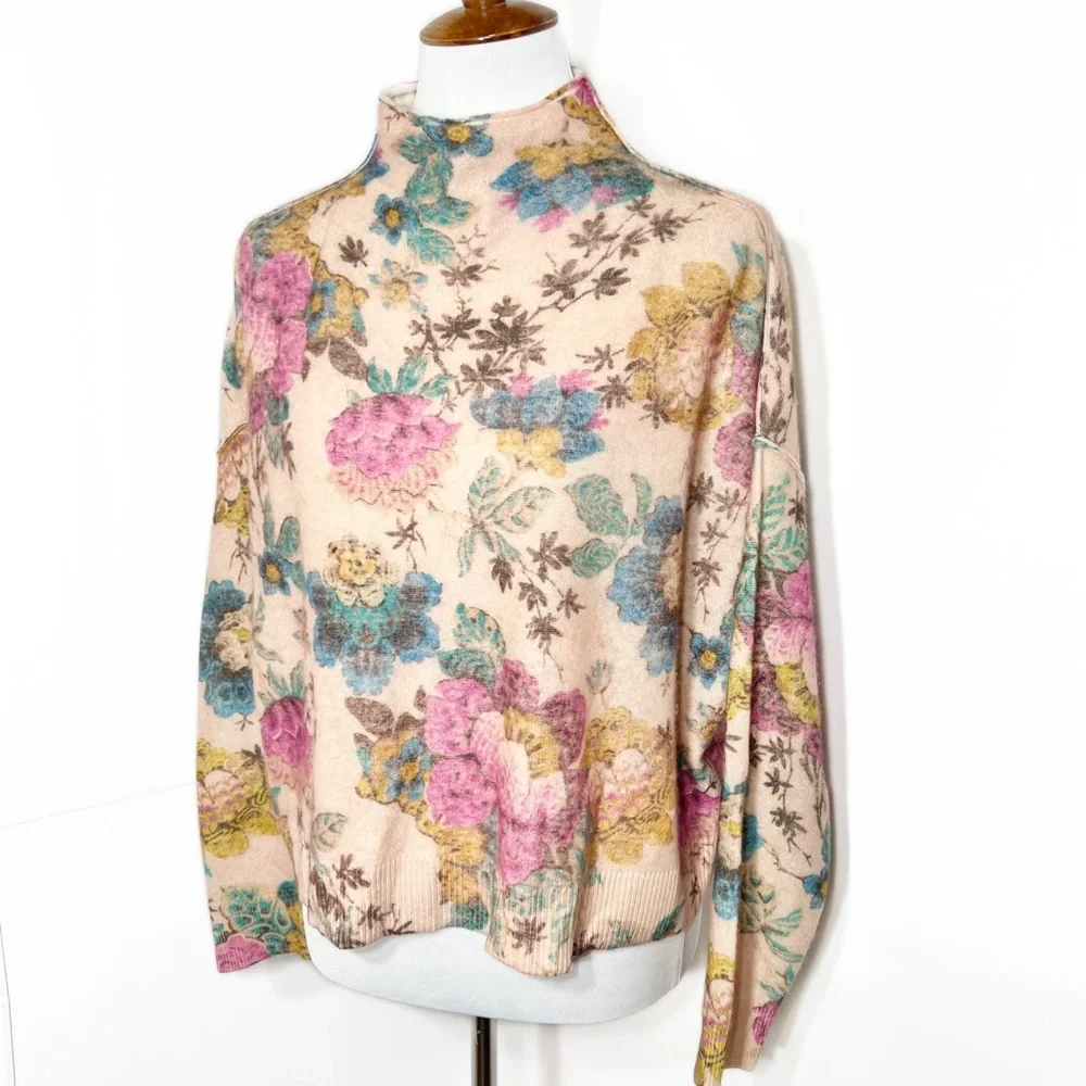 SOLD-Anthropologie Cashmere Floral Print Mock Neck Long Sleeve Sweater Pilcro - Picture 5 of 14